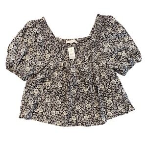 LOFT Black Floral Print Square Neck Smocked Puff‎ Sleeve Top Blouse - M